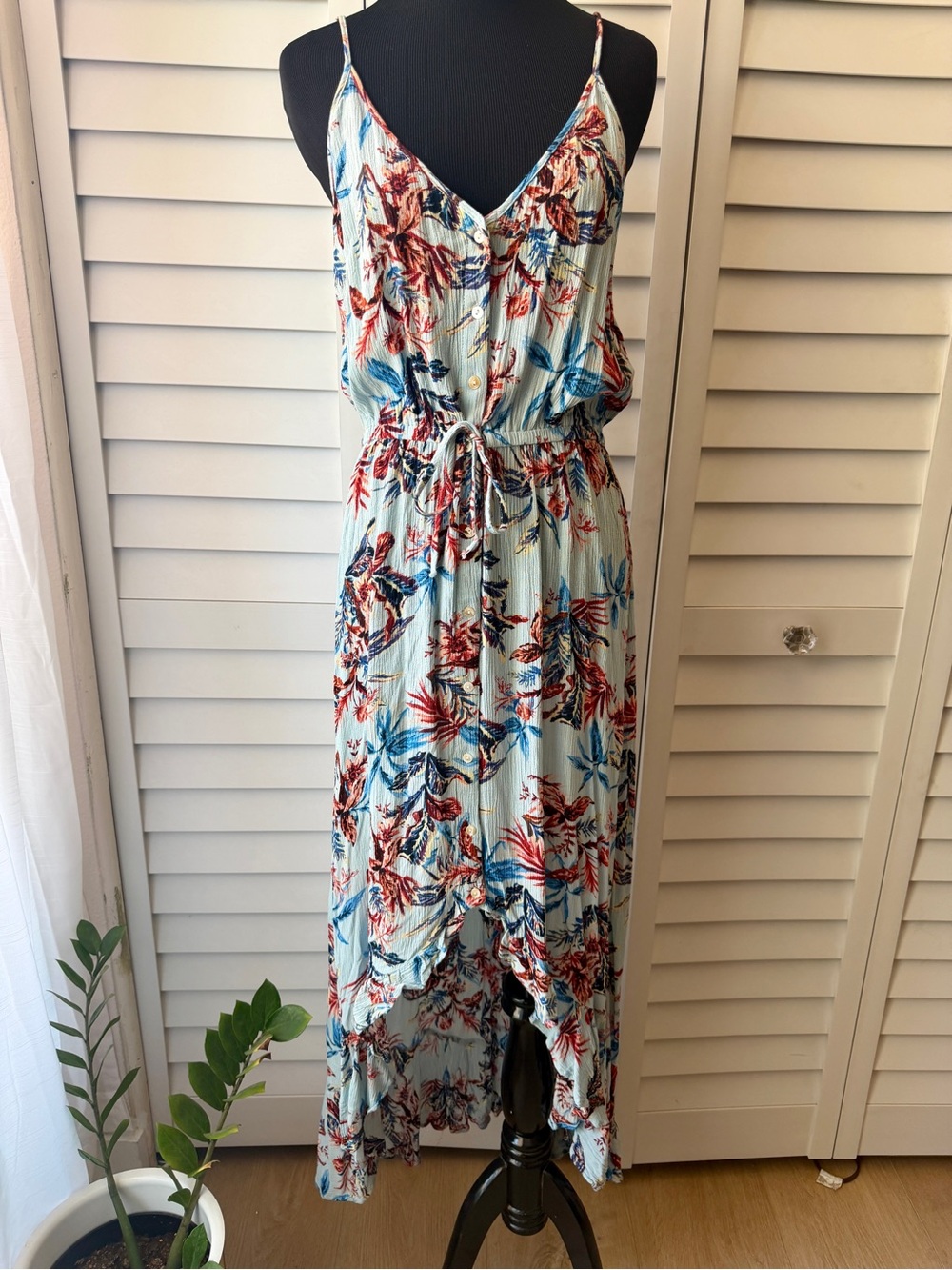 Floral Tie-Waist Spaghetti strap dress - Light Blue